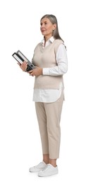 Photo of Senior woman with folders on white background