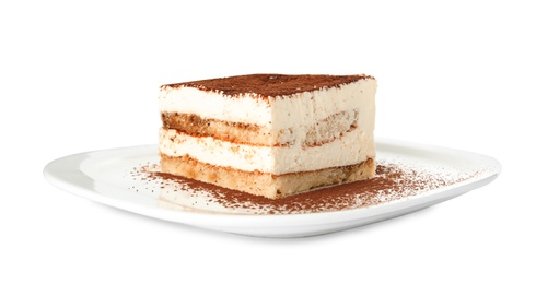 Photo of Plate of tiramisu cake isolated on white