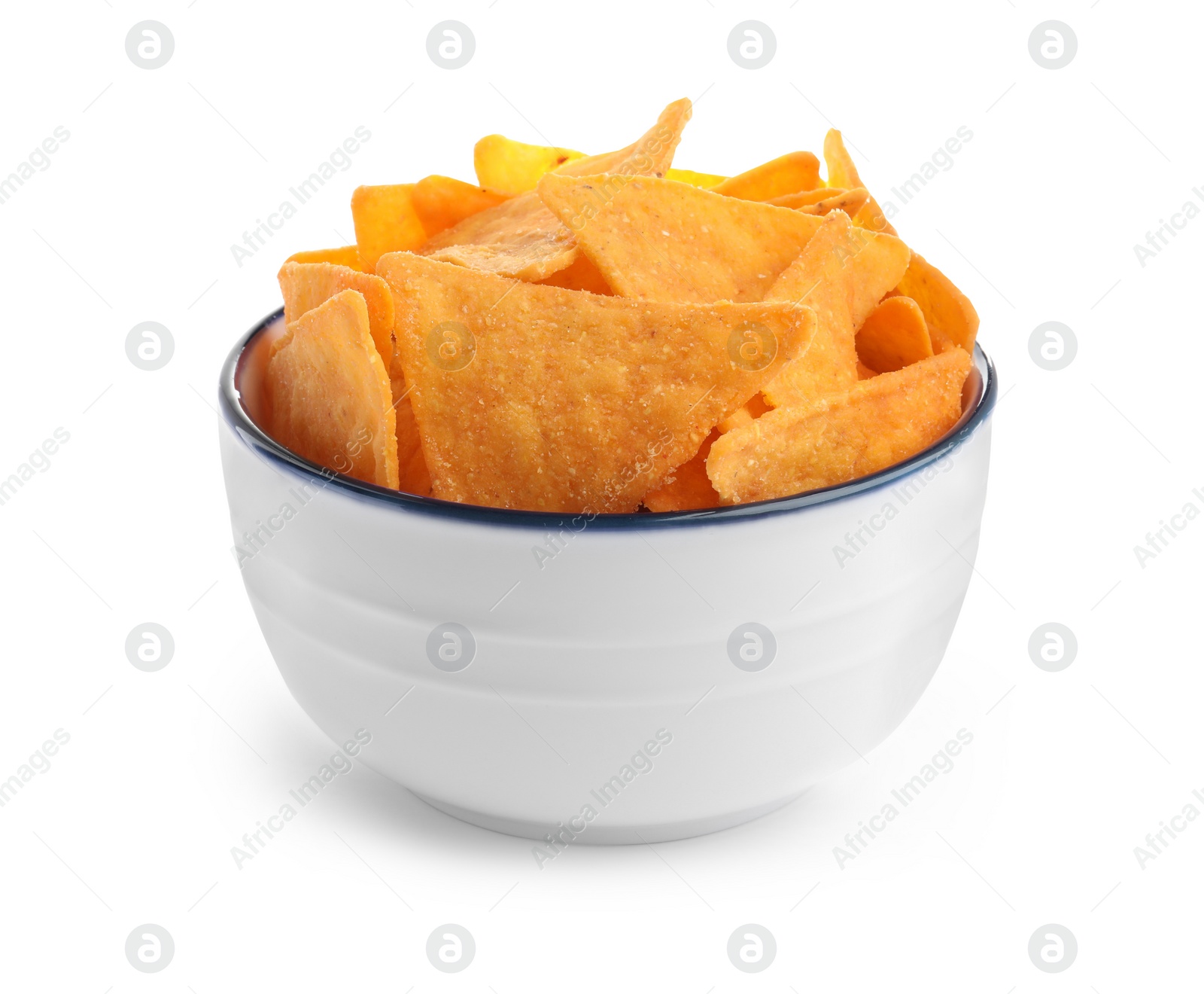 Photo of Bowl of tasty tortilla chips (nachos) on white background