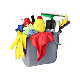 Photo of Grey bucket and many different car wash products on white background