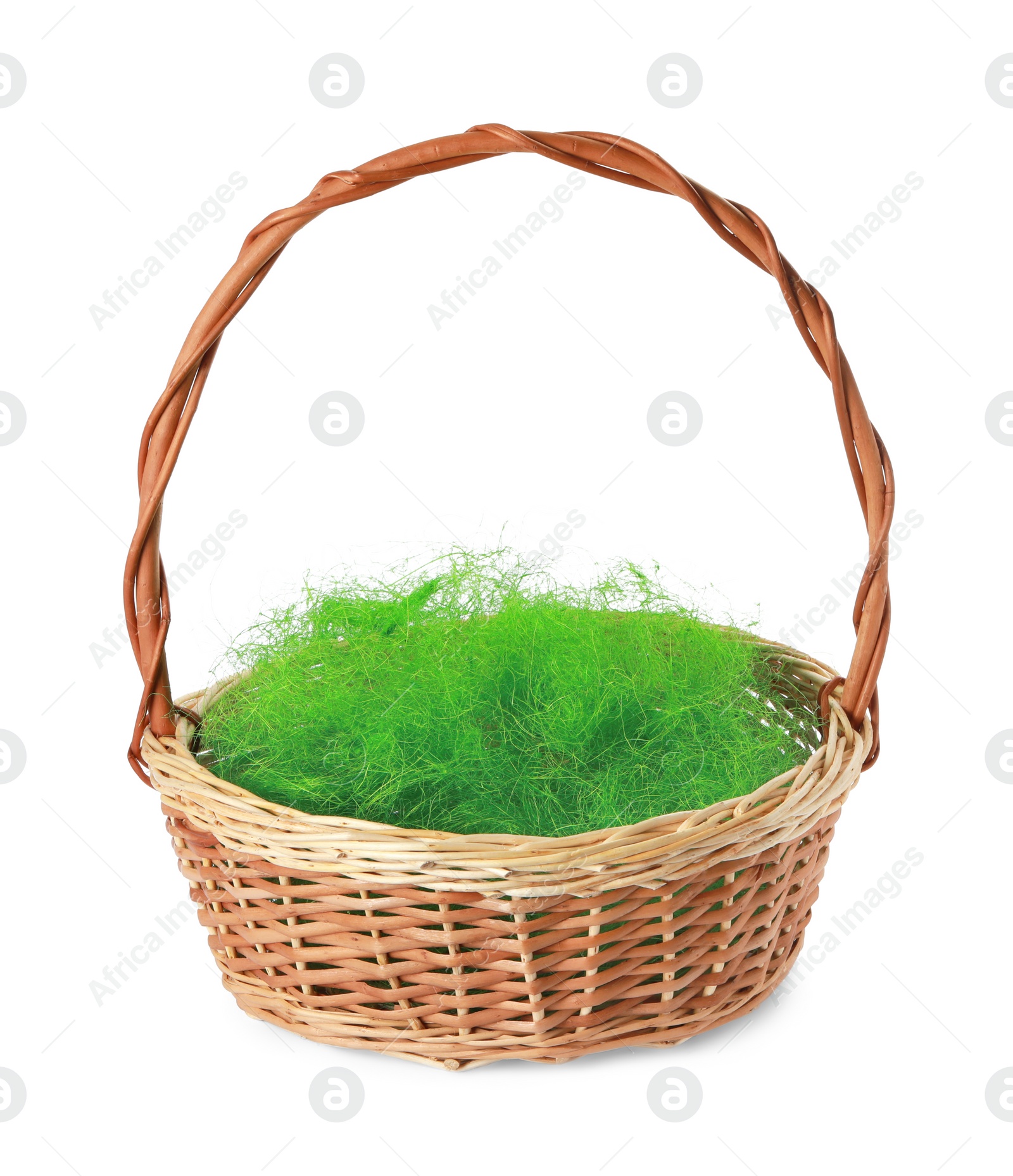 Photo of Easter wicker basket with decorated grass isolated on white