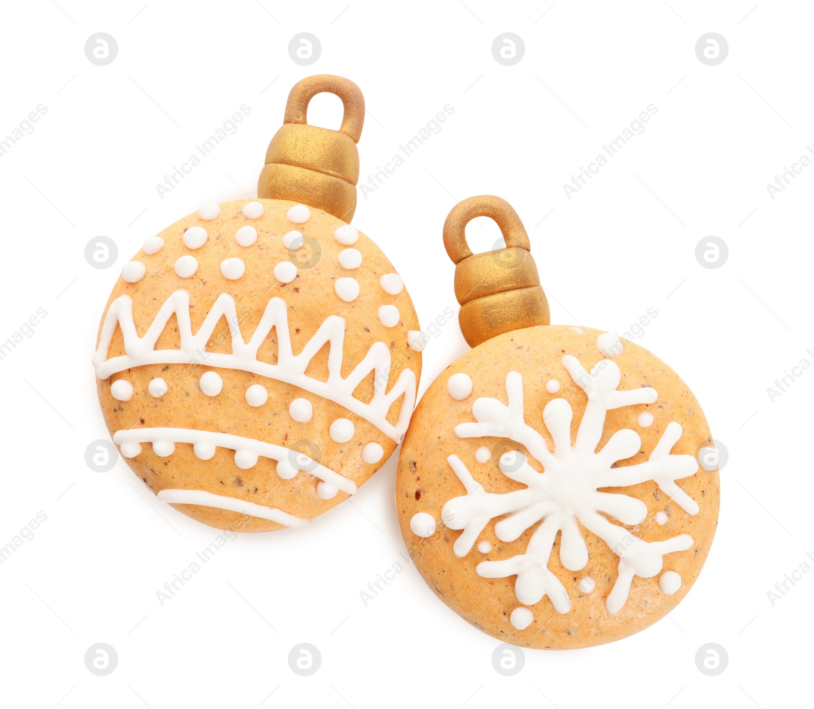 Photo of Beautifully decorated Christmas macarons on white background, top view