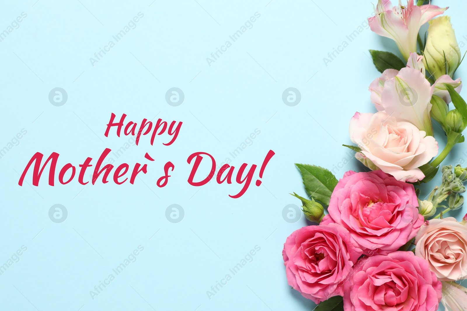 Image of Happy Mother's Day greeting card. Beautiful rose flowers on light blue background