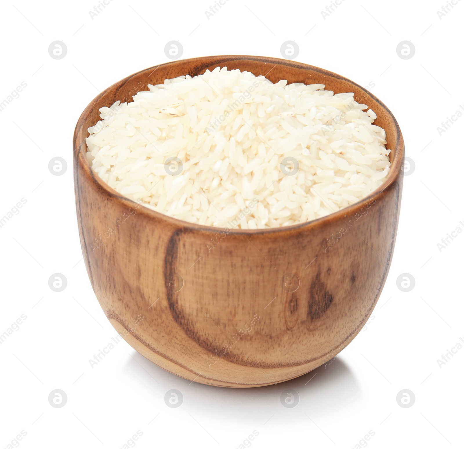 Photo of Bowl with uncooked rice on white background