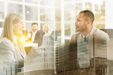 Image of Double exposure of business team in office and cityscape