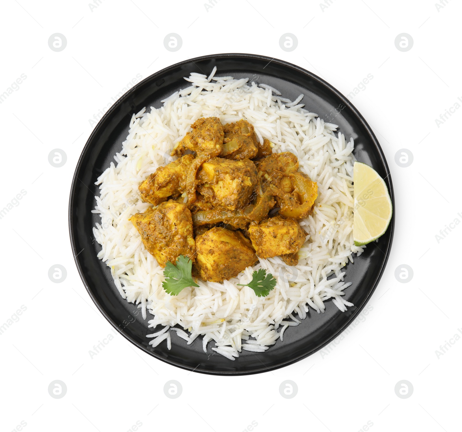 Photo of Delicious chicken curry with rice isolated on white, top view