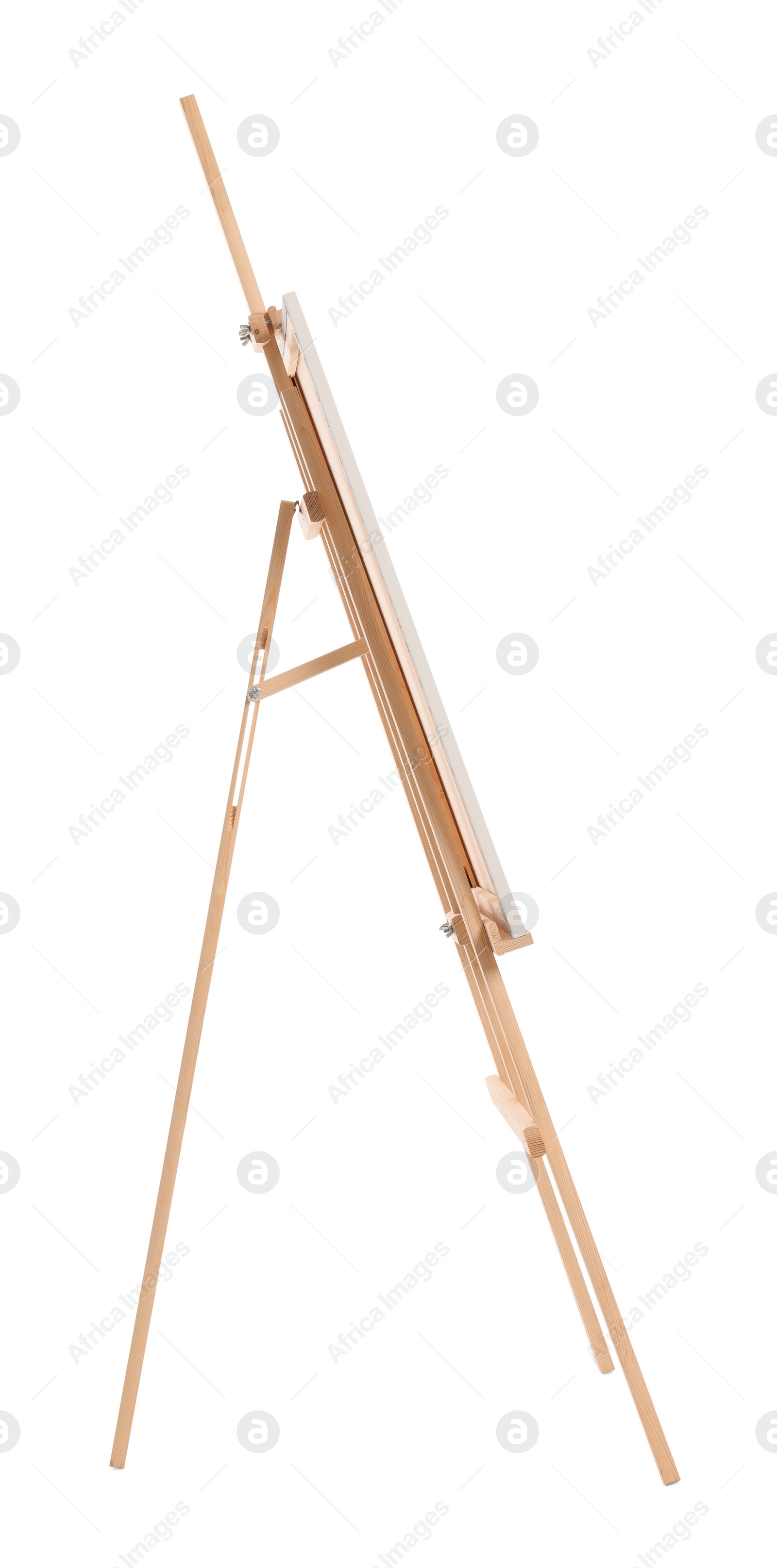 Photo of Wooden easel with canvas isolated on white