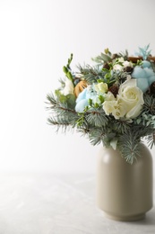 Photo of Beautiful wedding winter bouquet on grey table