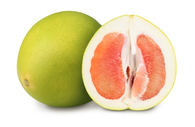 Image of Cut and whole pomelo fruits on white background