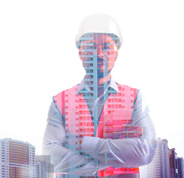 Image of Double exposure of male industrial engineer in uniform and cityscape