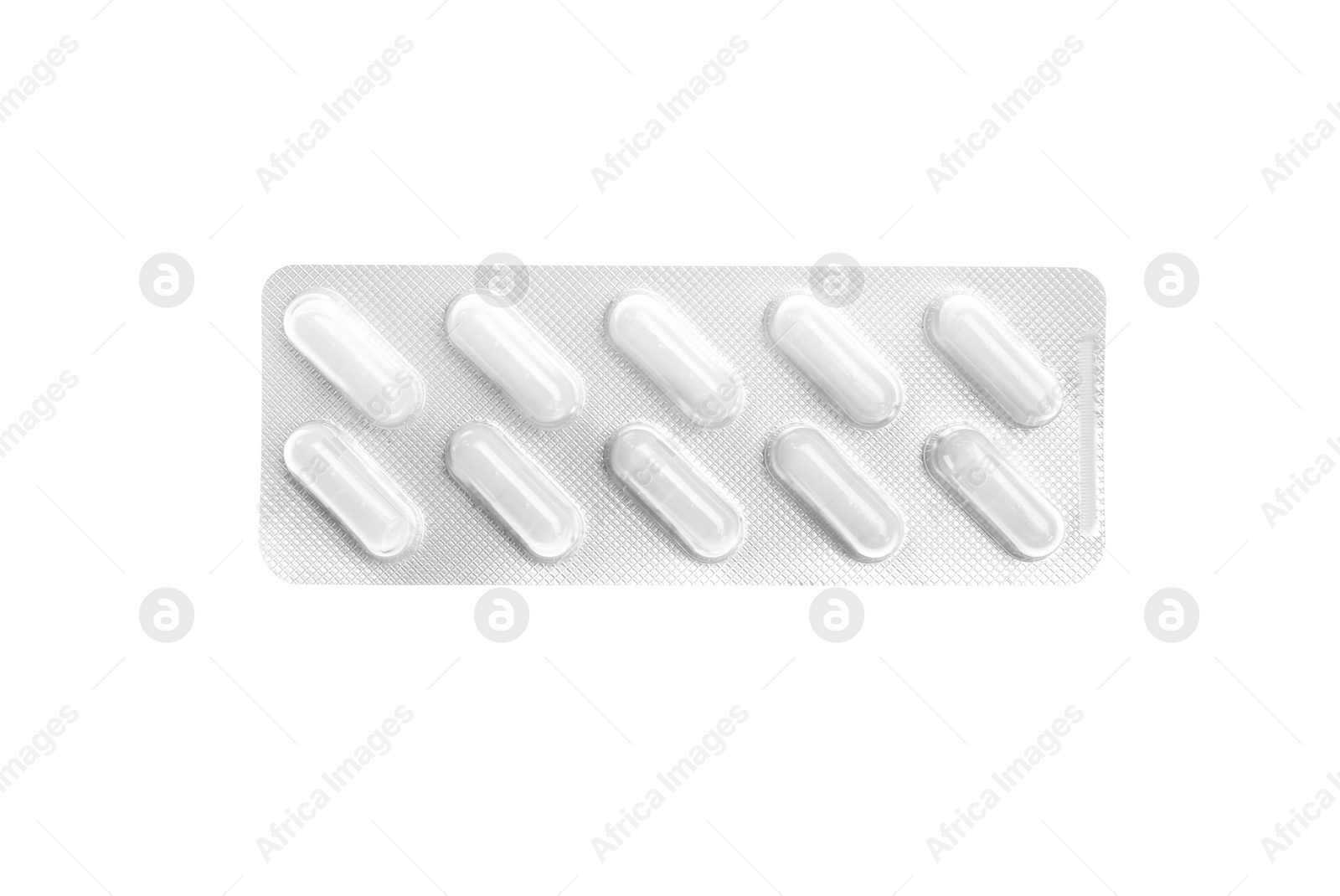 Photo of Pills in blister pack on white background, top view