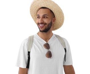 Photo of Smiling young man in straw hat with sunglasses and backpack on white background