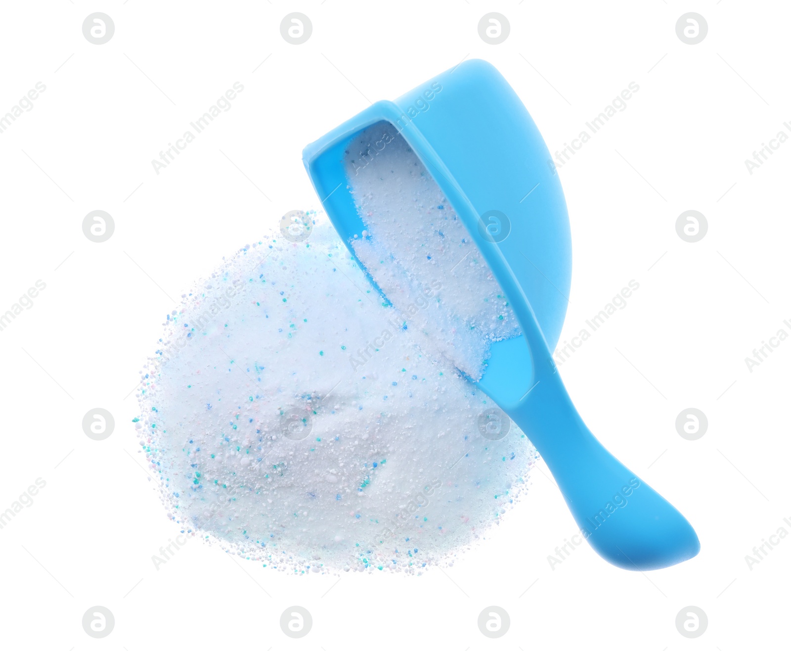 Photo of Measuring scoop with laundry powder on white background, top view