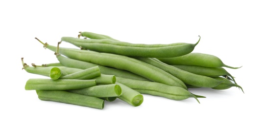 Delicious fresh green beans on white background