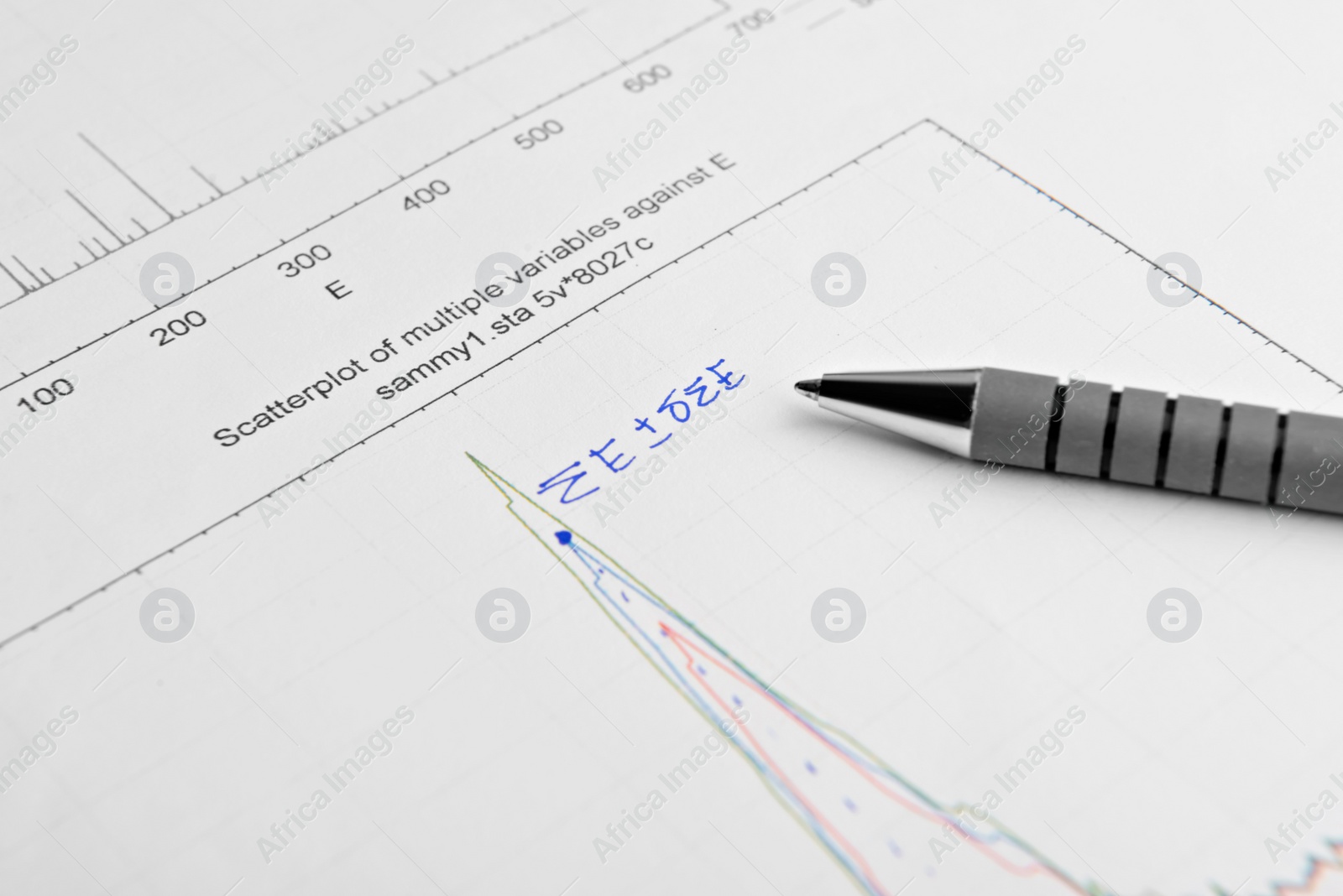 Photo of Paper with printed scatterplot graph, written mathematical calculations and pen, closeup