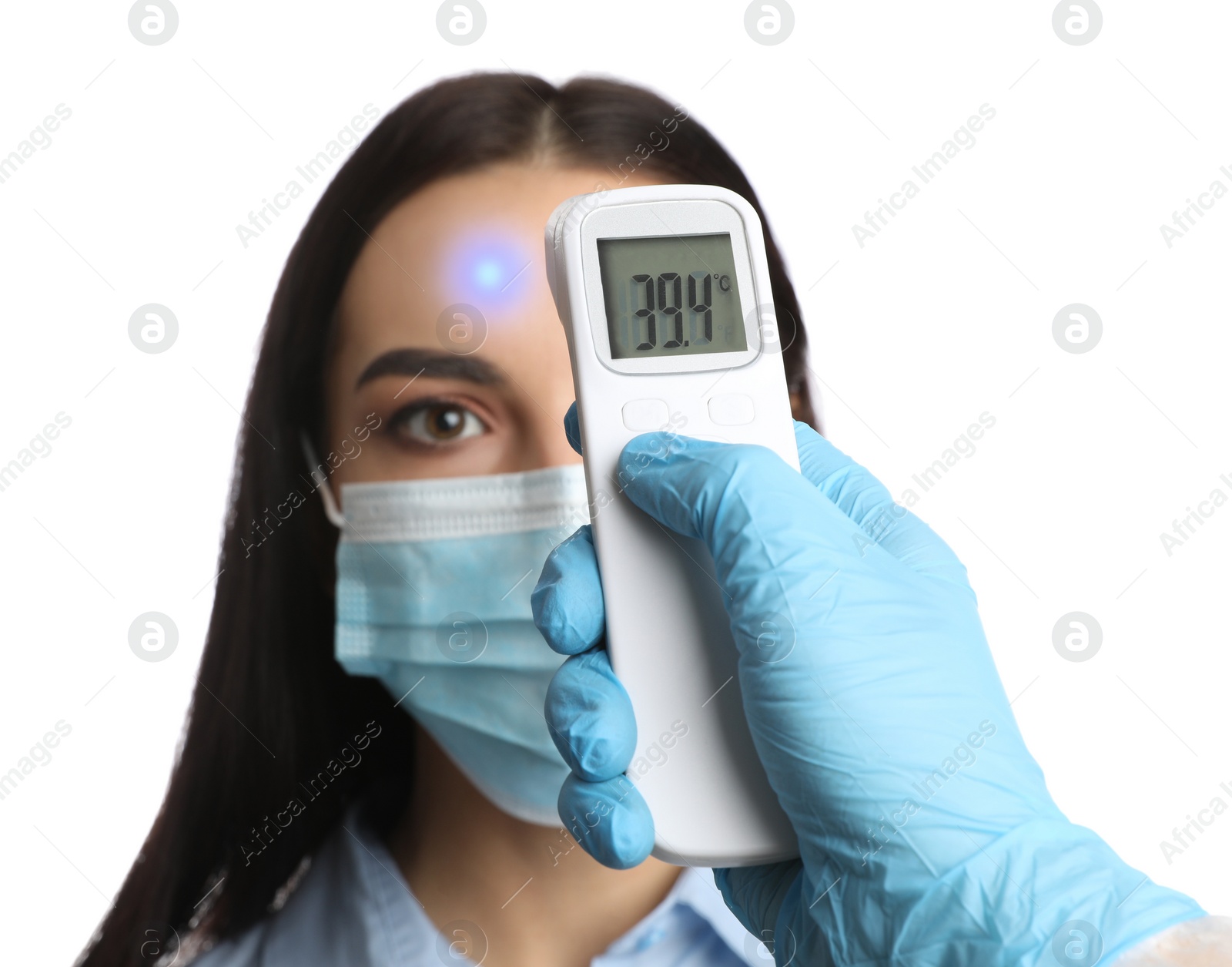 Image of Doctor measuring woman's temperature on white background, closeup. Prevent spreading of Covid-19