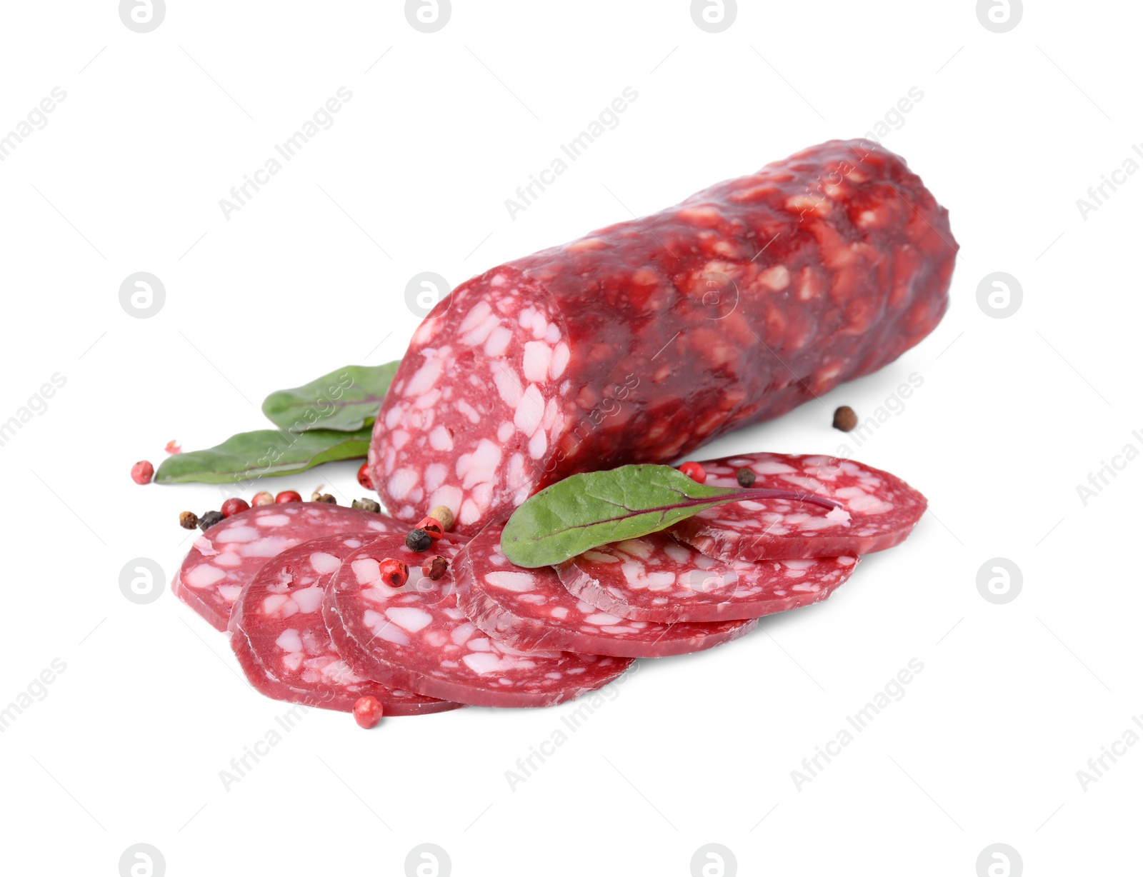 Photo of Delicious cut smoked sausage with spices isolated on white