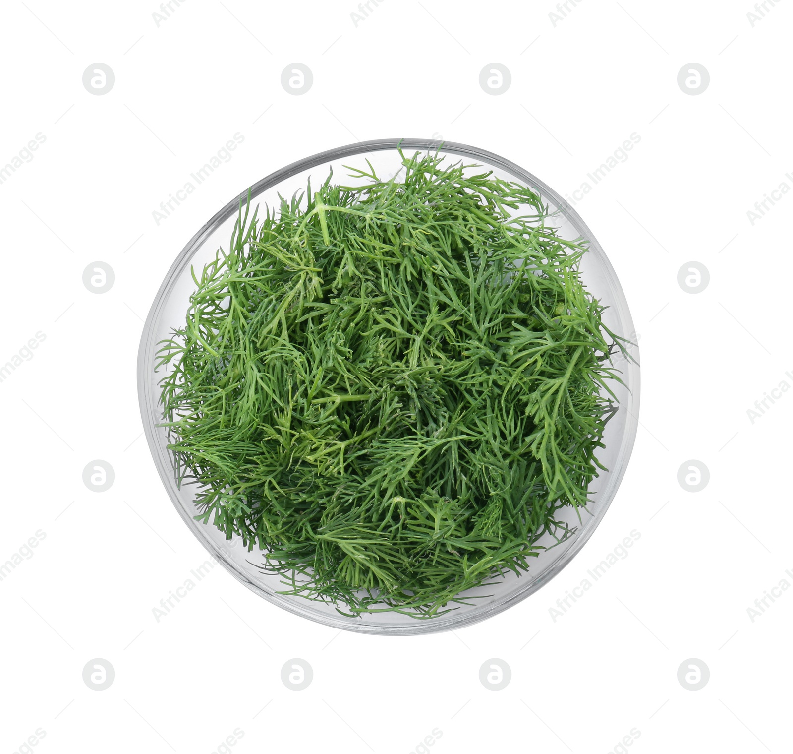 Photo of Glass bowl of fresh dill isolated on white, top view