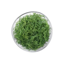Glass bowl of fresh dill isolated on white, top view