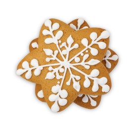 Tasty star shaped Christmas cookies with icing isolated on white, top view