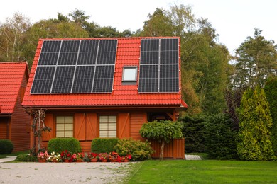 Beautiful house with solar panels outdoors. Real estate for rent