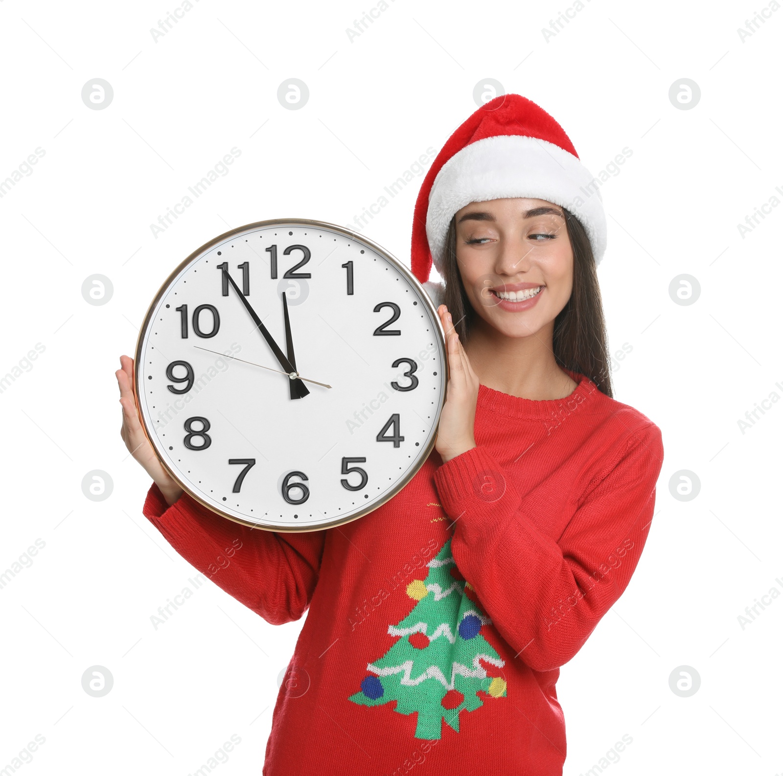 Photo of Woman in Santa hat with clock on white background. New Year countdown