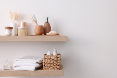 Different bath accessories and personal care products indoors, space for text