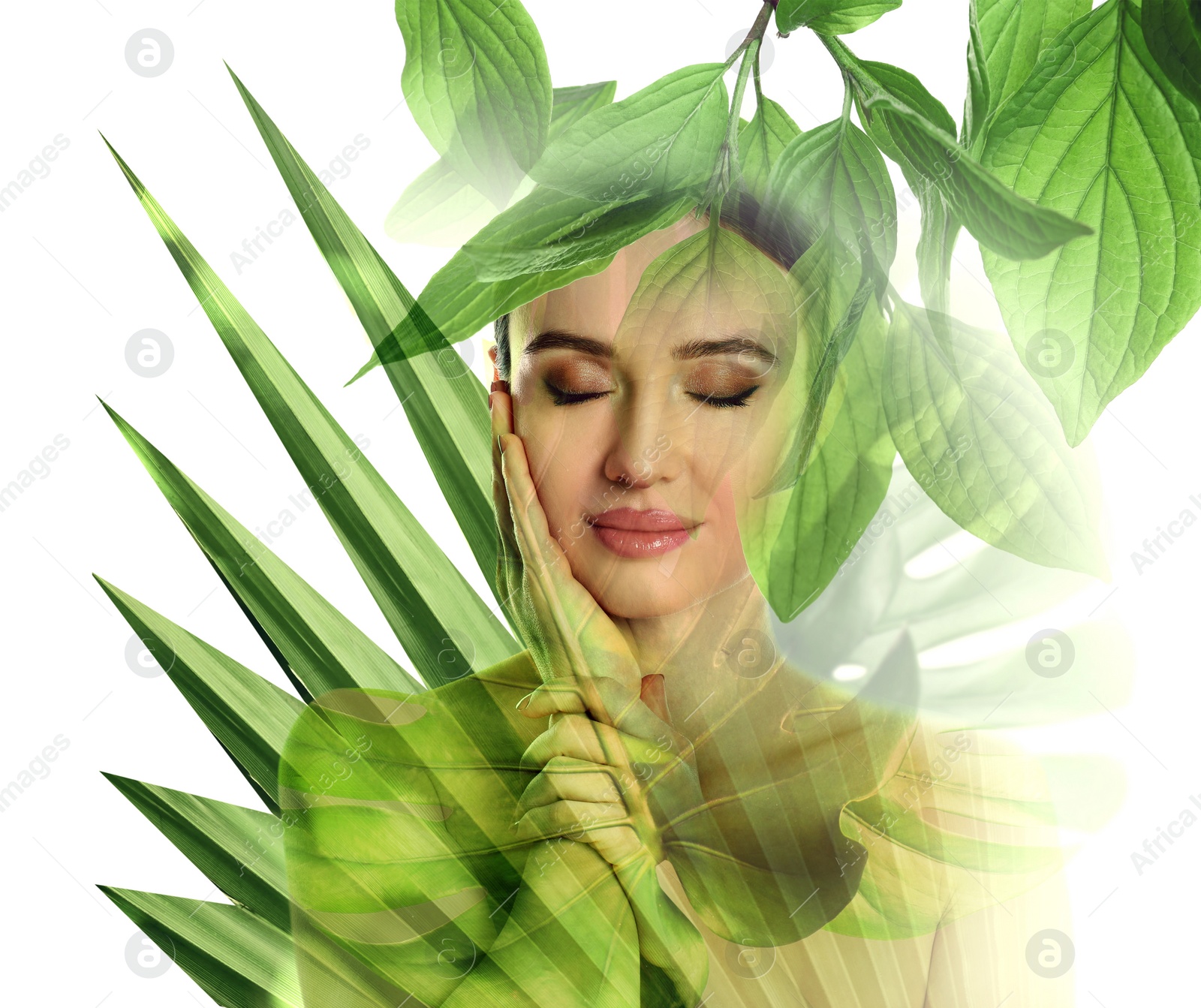 Image of Beautiful woman and tropical leaves on white background. Double exposure