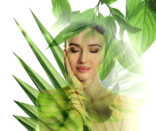 Beautiful woman and tropical leaves on white background. Double exposure