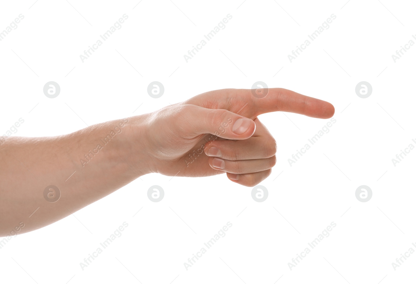 Photo of Man pointing at something on white background, closeup of hand