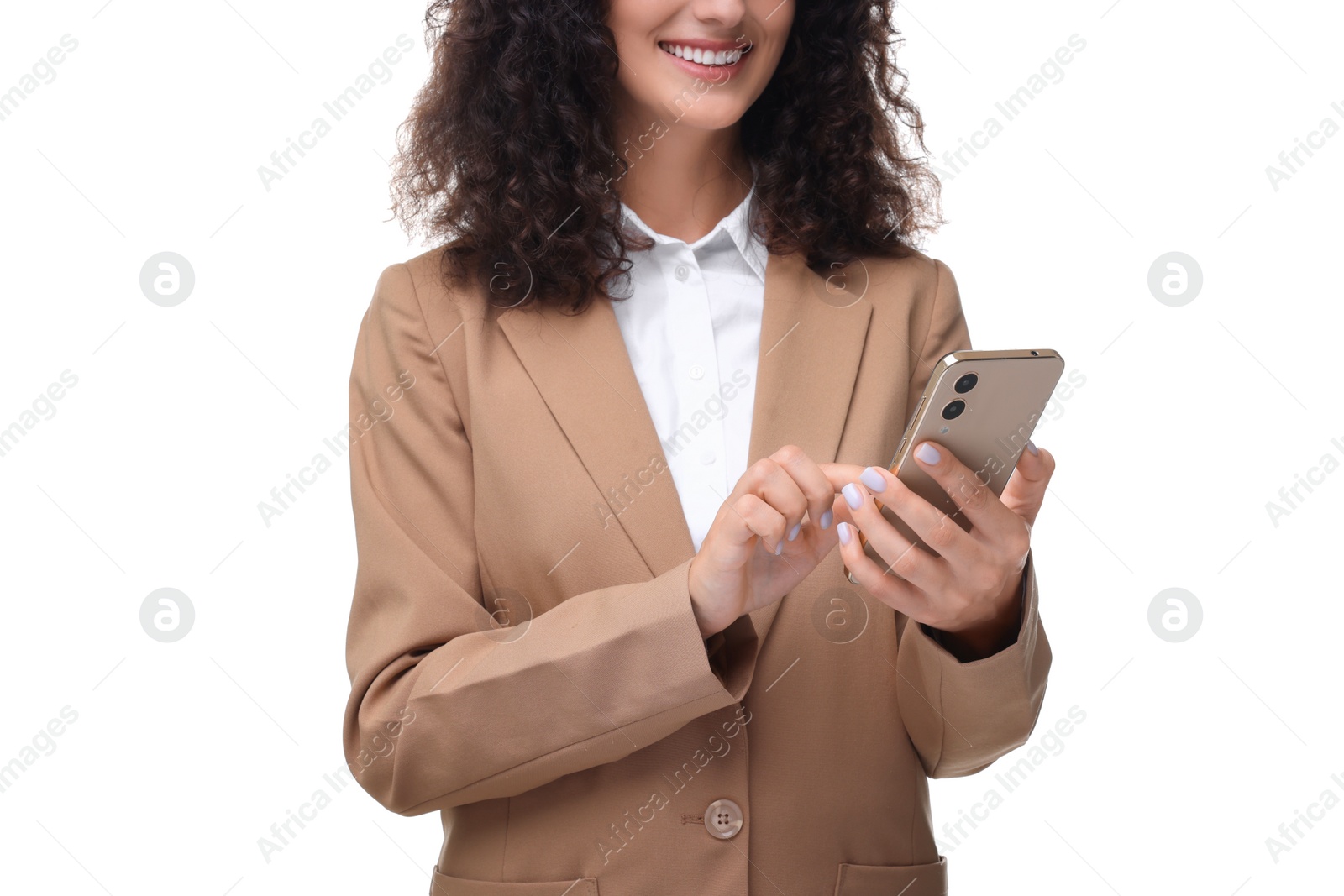 Photo of Woman sending message via smartphone isolated on white, closeup