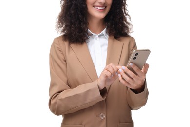 Photo of Woman sending message via smartphone isolated on white, closeup