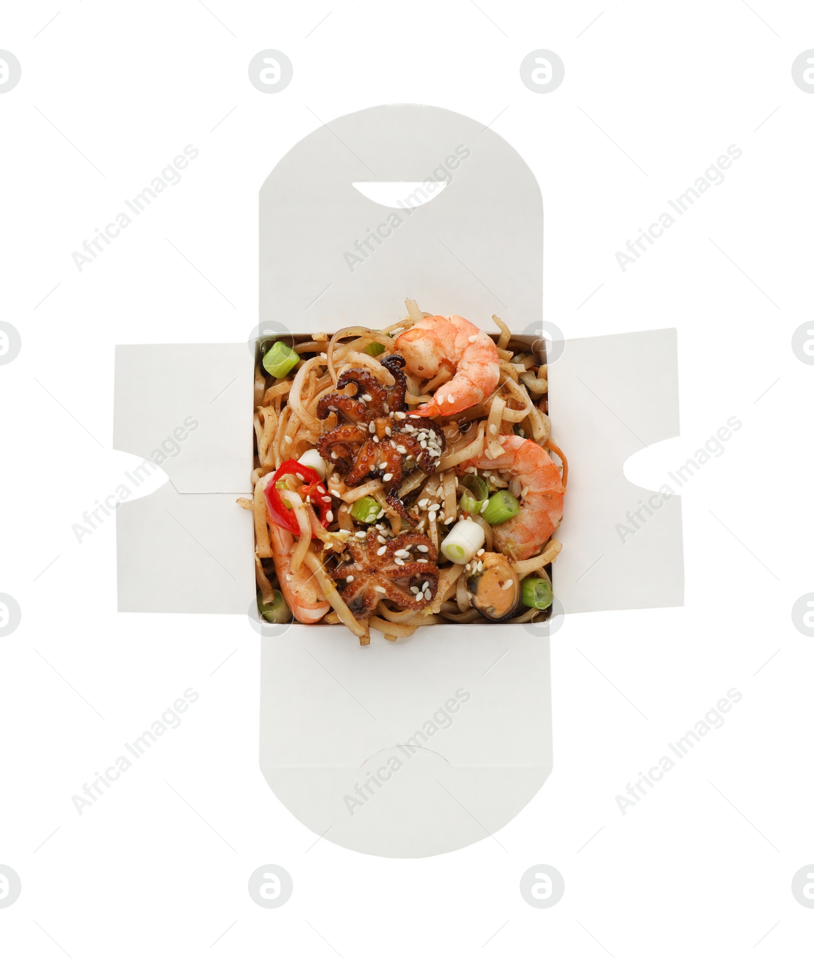 Photo of Box of wok noodles with seafood isolated on white, top view