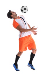 Photo of Young man playing football on white background