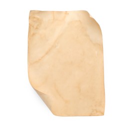 Photo of Sheet of old parchment paper isolated on white, top view. Space for design