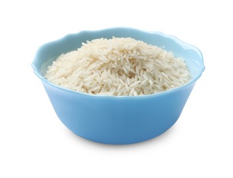 Photo of Raw basmati rice in bowl isolated on white