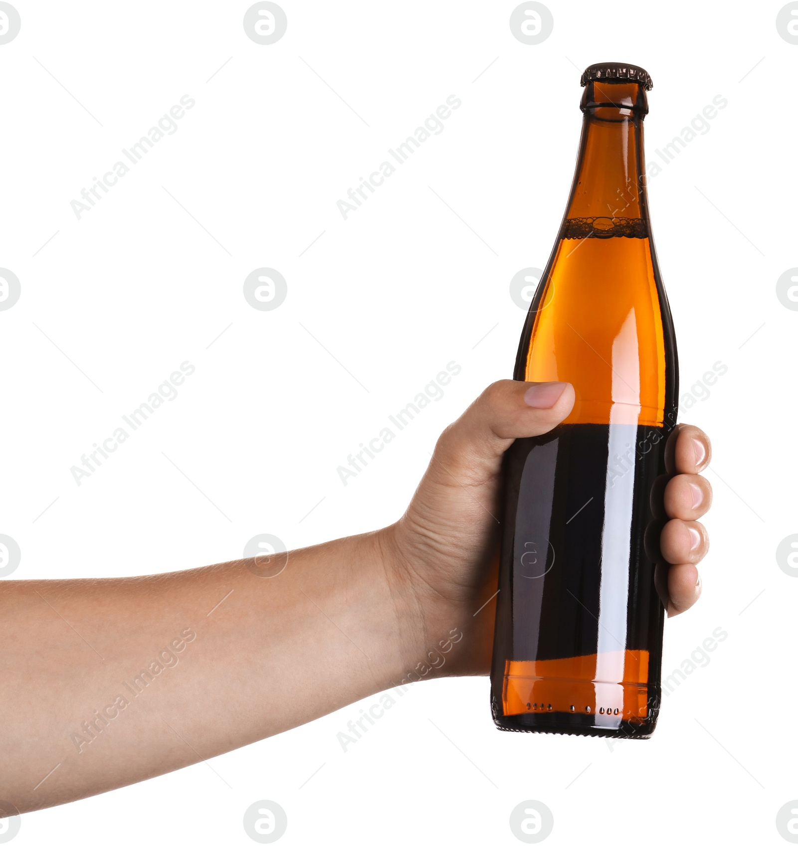 Photo of Man holding brown bottle with beer on white background, closeup