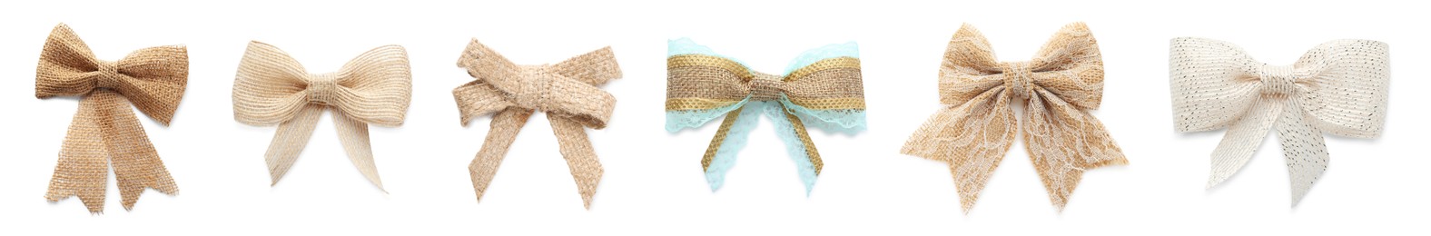 Image of Set with different pretty burlap bows on white background. Banner design