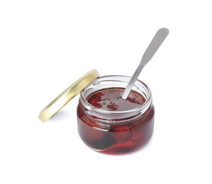 Photo of Delicious pickled strawberry jam in glass jar isolated on white