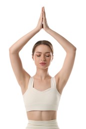 Photo of Beautiful young woman meditating on white background