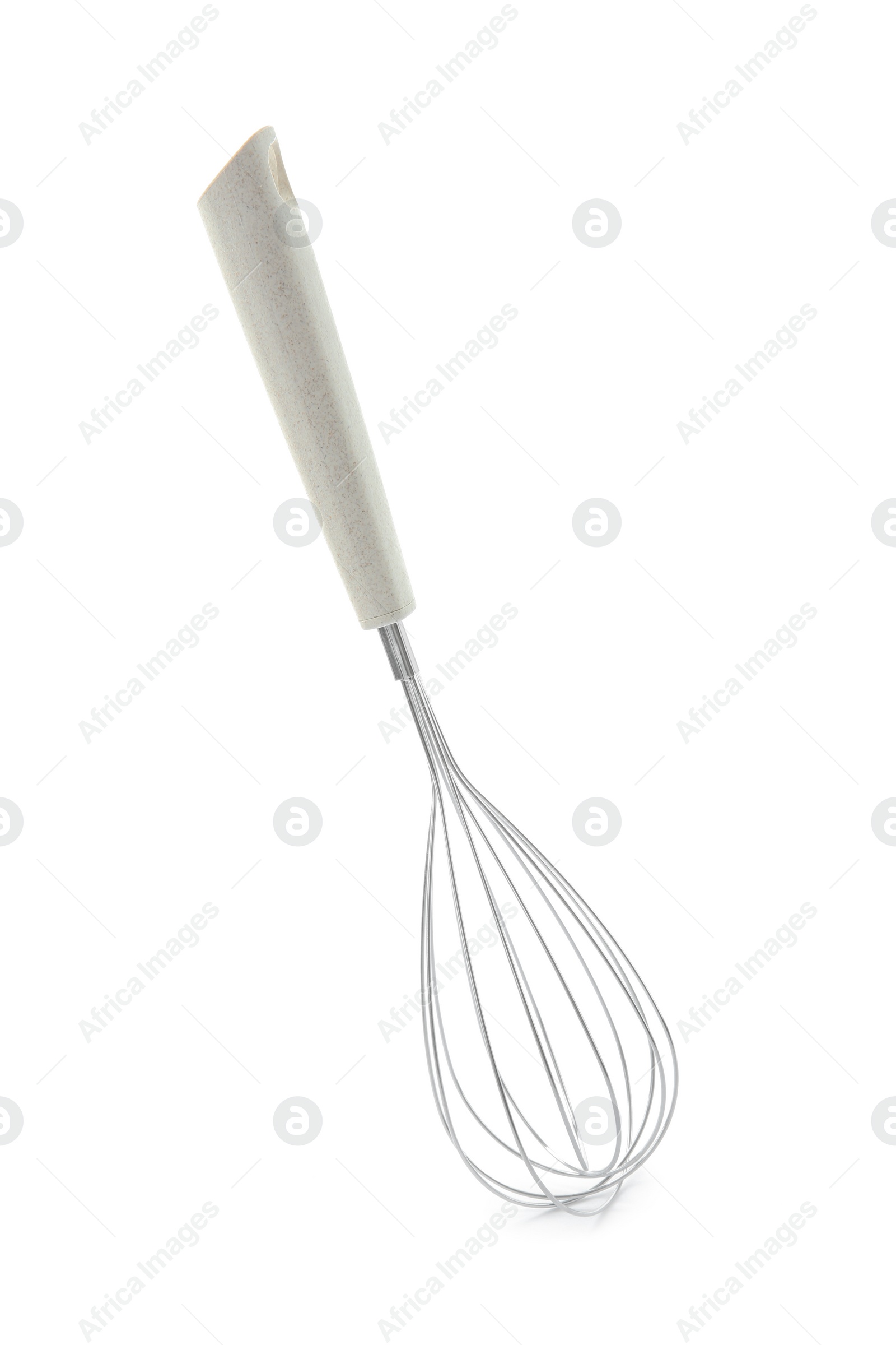 Photo of Metal whisk isolated on white. Kitchen utensil