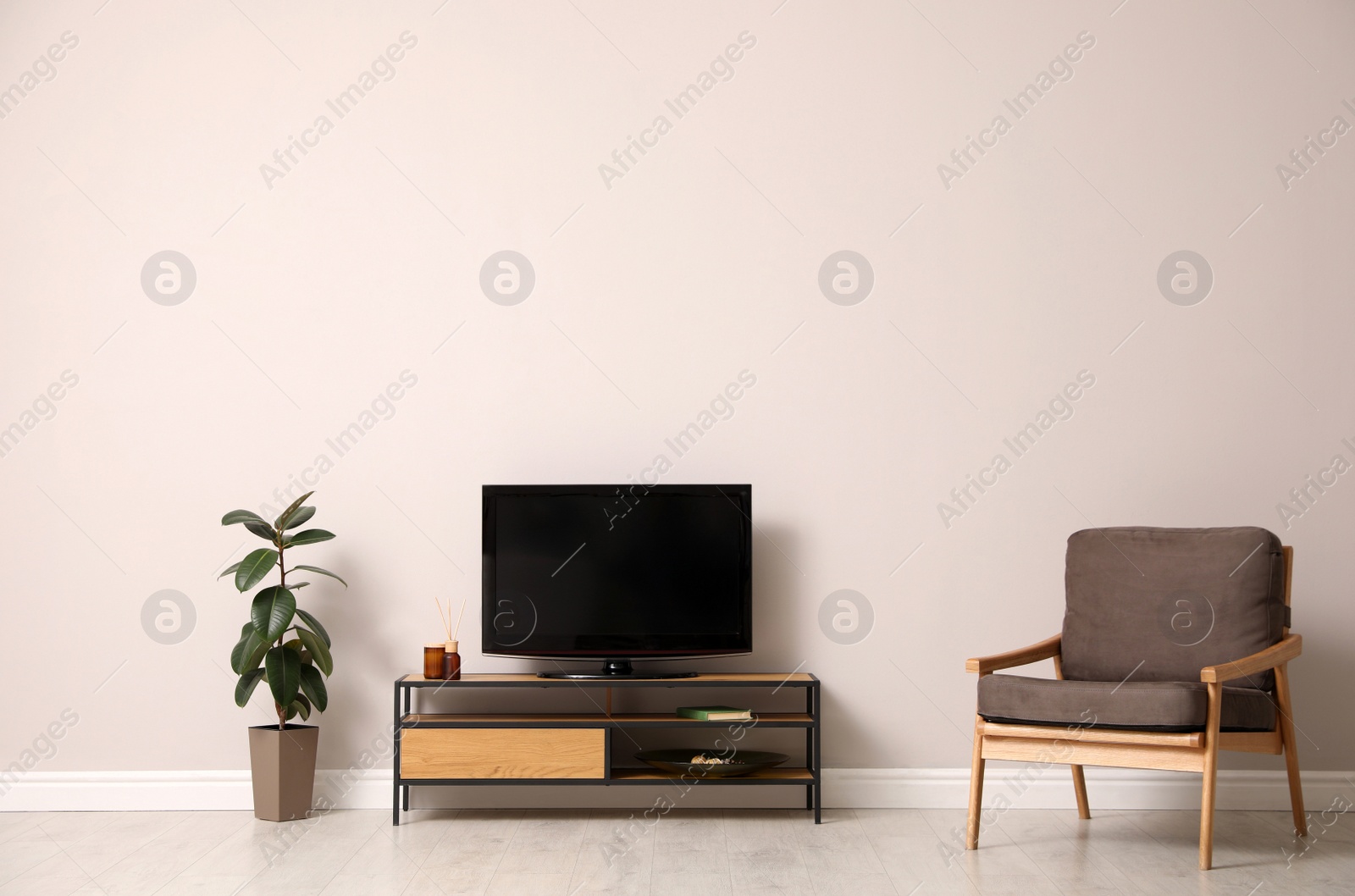 Photo of Elegant room interior with TV on cabinet, houseplant and armchair near light wall