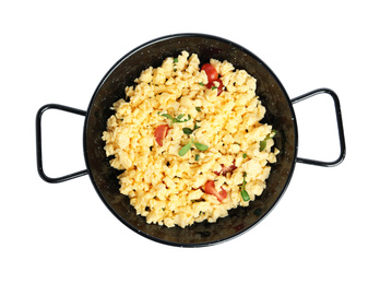 Tasty scrambled eggs with sprouts and cherry tomato in wok pan isolated on white, top view