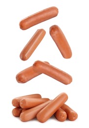 Image of Fresh raw sausages falling on white background