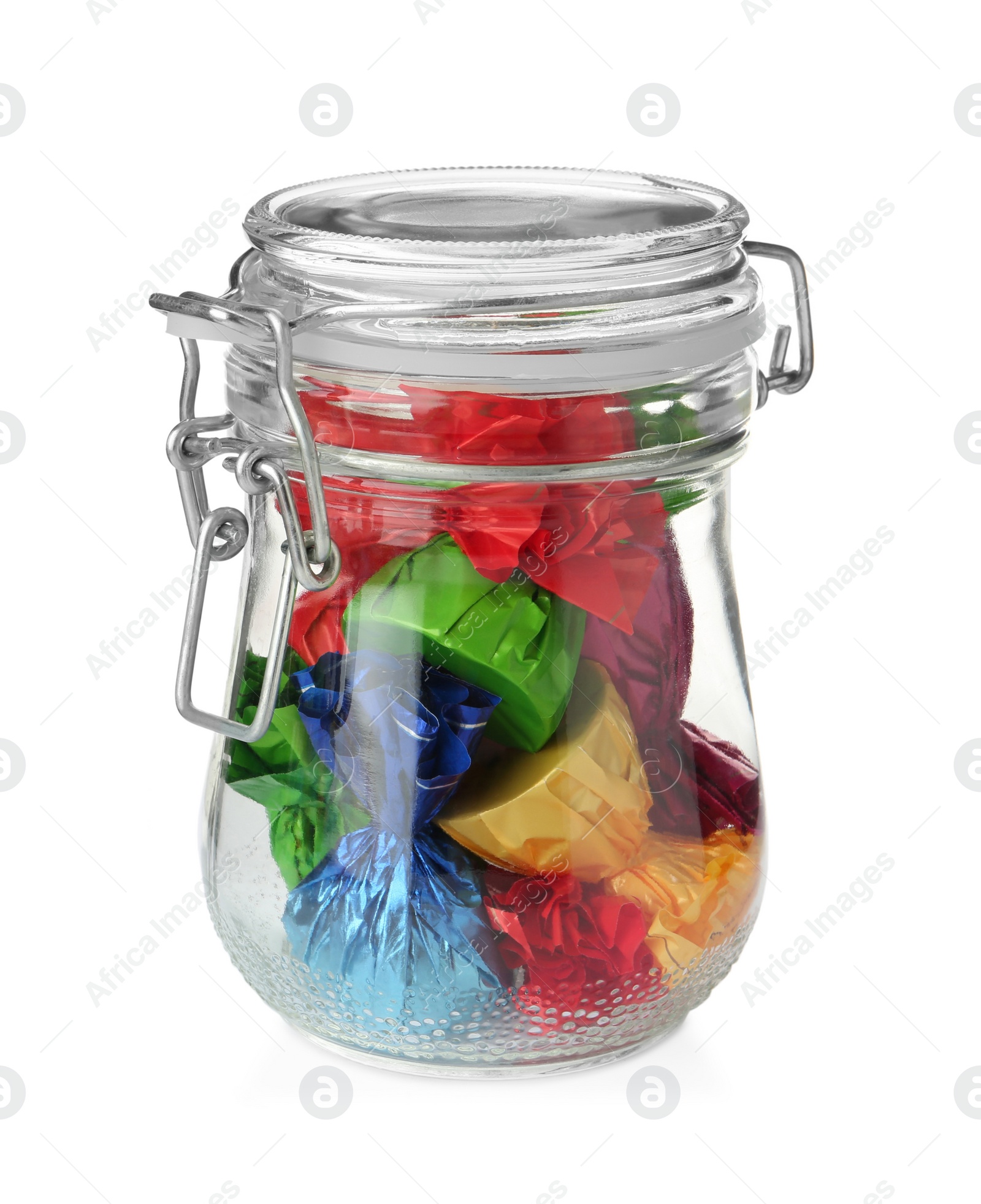 Photo of Glass jar with candies in colorful wrappers isolated on white