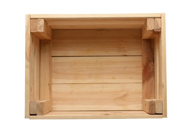 Photo of Empty wooden crate on white background, top view