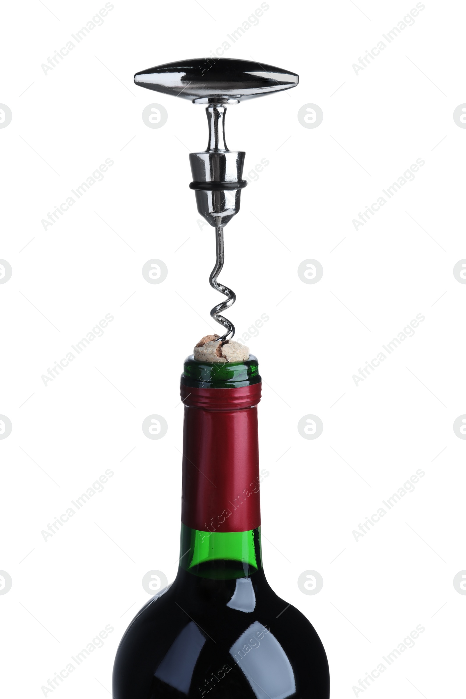 Photo of Opening bottle of wine with corkscrew on isolated background