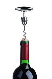 Photo of Opening bottlewine with corkscrew on isolated background