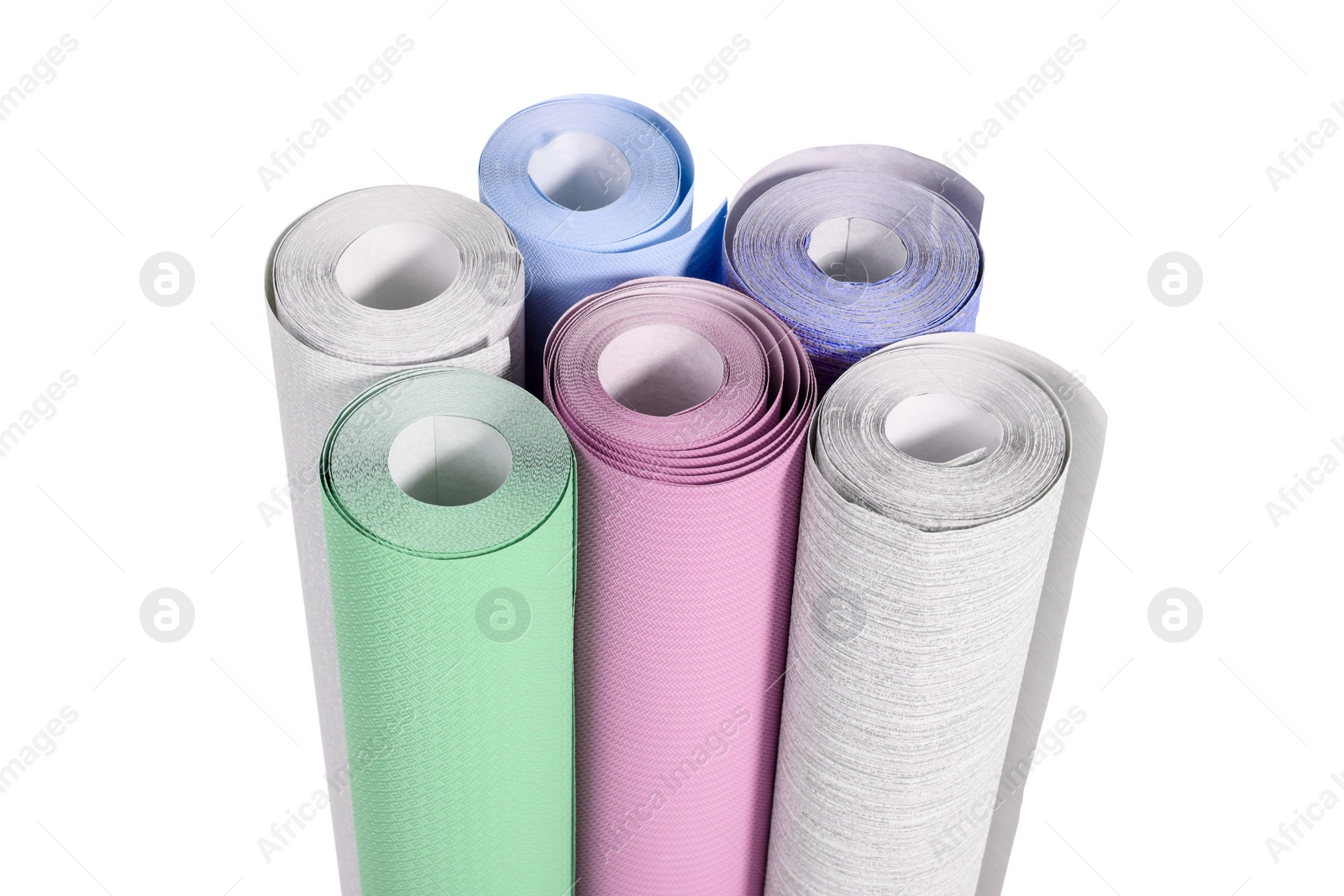 Image of Different colorful wallpaper rolls isolated on white