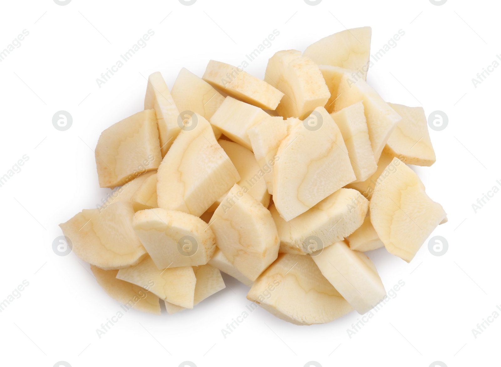 Photo of Tasty cut fresh ripe parsnip on white background, top view